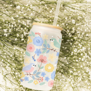 Szklanka 550 ml z bambusowym wieczkiem "Pastel Bird and Floral"